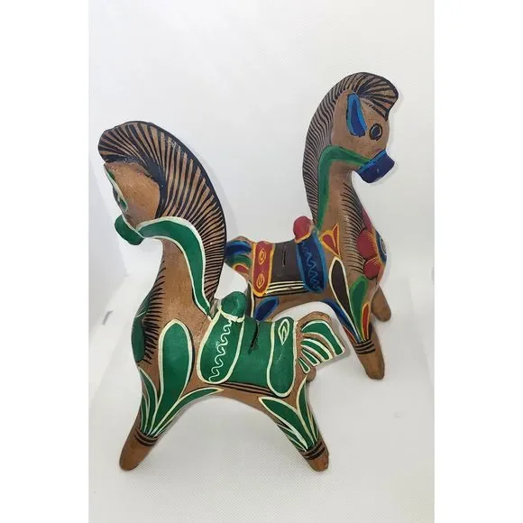 Vintage 70's Mexican Tonala Ceramic Coin Horse Figurines